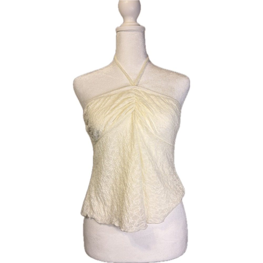 NWT Y2K Boho Ivory Ruched Halter Top Lace Whimsical Romantic XL
